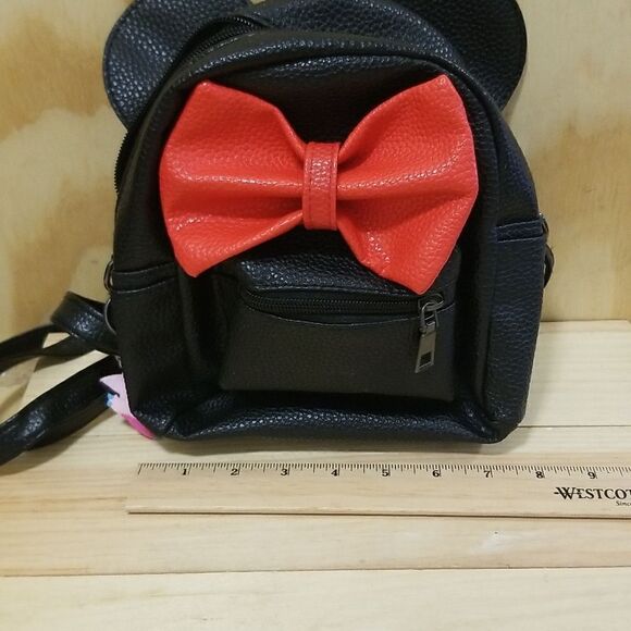 Mini Backpack Black Purse with Mouse Ears and Red Bow Vegan Leather - Picture 7 of 8